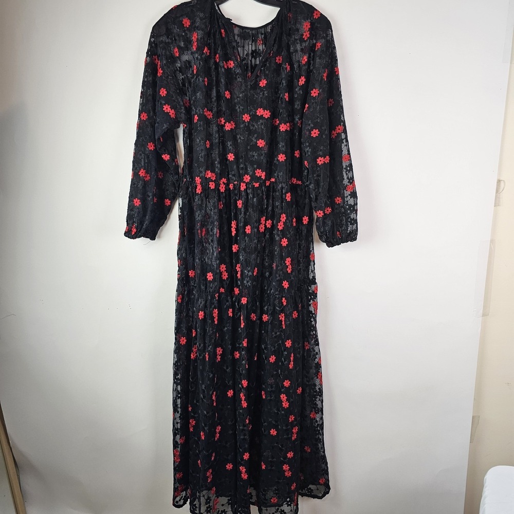 Zara Floral Oversized Long Sleeve Black Red Maxi Dress Sheer Lace Flowers XS - Picture 3 of 8